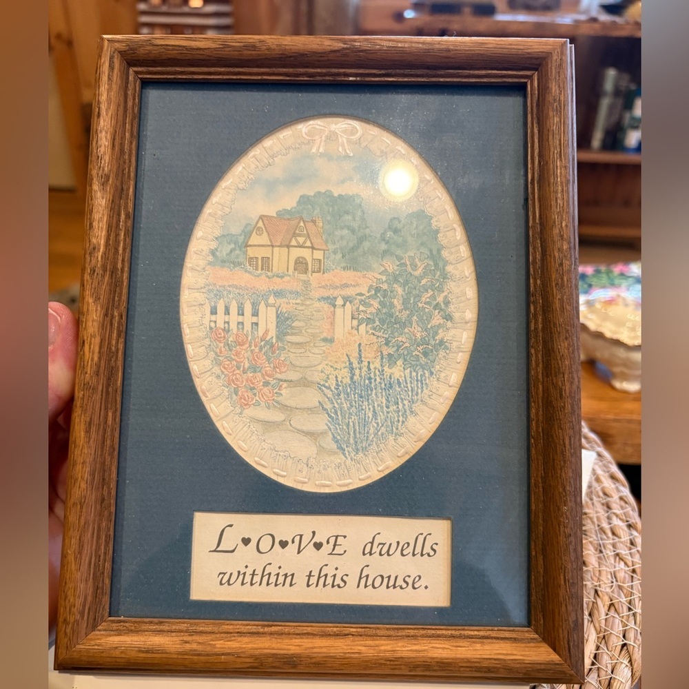 Vintage Cottage Print Framed Embossed Art “Love dwells within this house”